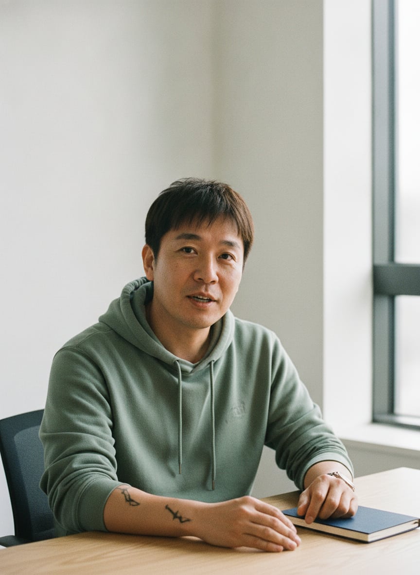 Photorealistic candid medium eye-level photo of a calm East Asian man in his early forties with a dark brown pixie-cut h