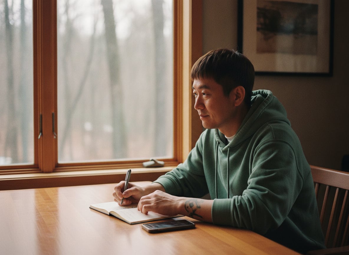 Photorealistic candid photo of an East Asian man in his early forties with a dark brown pixie-cut hairstyle, no glasses,