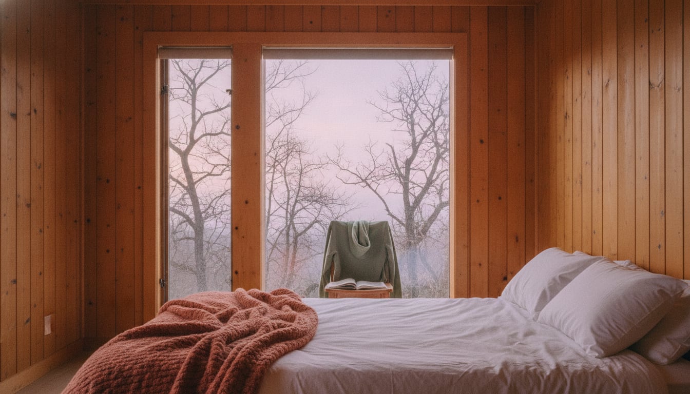 Photorealistic wide early-morning scene of a quiet rustic warm-wood cabin bedroom with a neatly made bed in white linen
